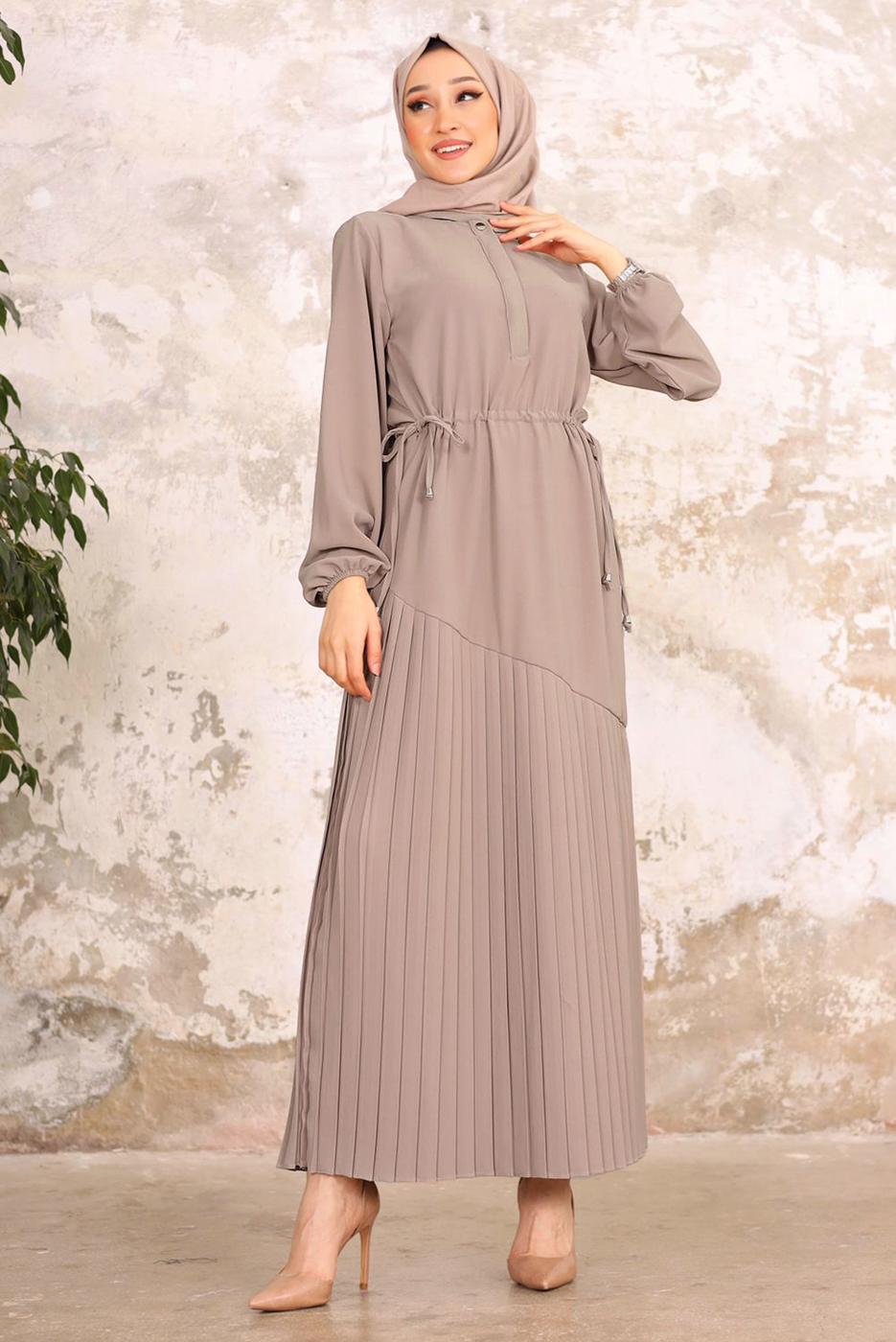 Tesettür giyim VİZON BELİ BÜZGÜLÜ DÜĞME DETAYLI ELBİSE T 55002
