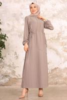 Tesettür giyim VİZON BELİ BÜZGÜLÜ DÜĞME DETAYLI ELBİSE T 55002