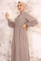 Tesettür giyim VİZON BELİ BÜZGÜLÜ DÜĞME DETAYLI ELBİSE T 55002