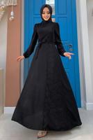 Tesettür giyim SİYAH DANTEL DETAYLI KUŞAKLI ELBİSE T 5673