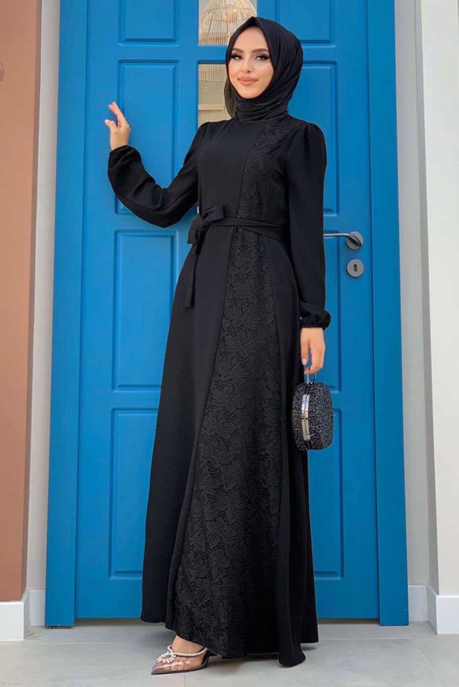 Tesettür giyim SİYAH DANTEL DETAYLI KUŞAKLI ELBİSE T 5673