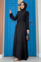 Tesettür giyim SİYAH DANTEL DETAYLI KUŞAKLI ELBİSE T 5673
