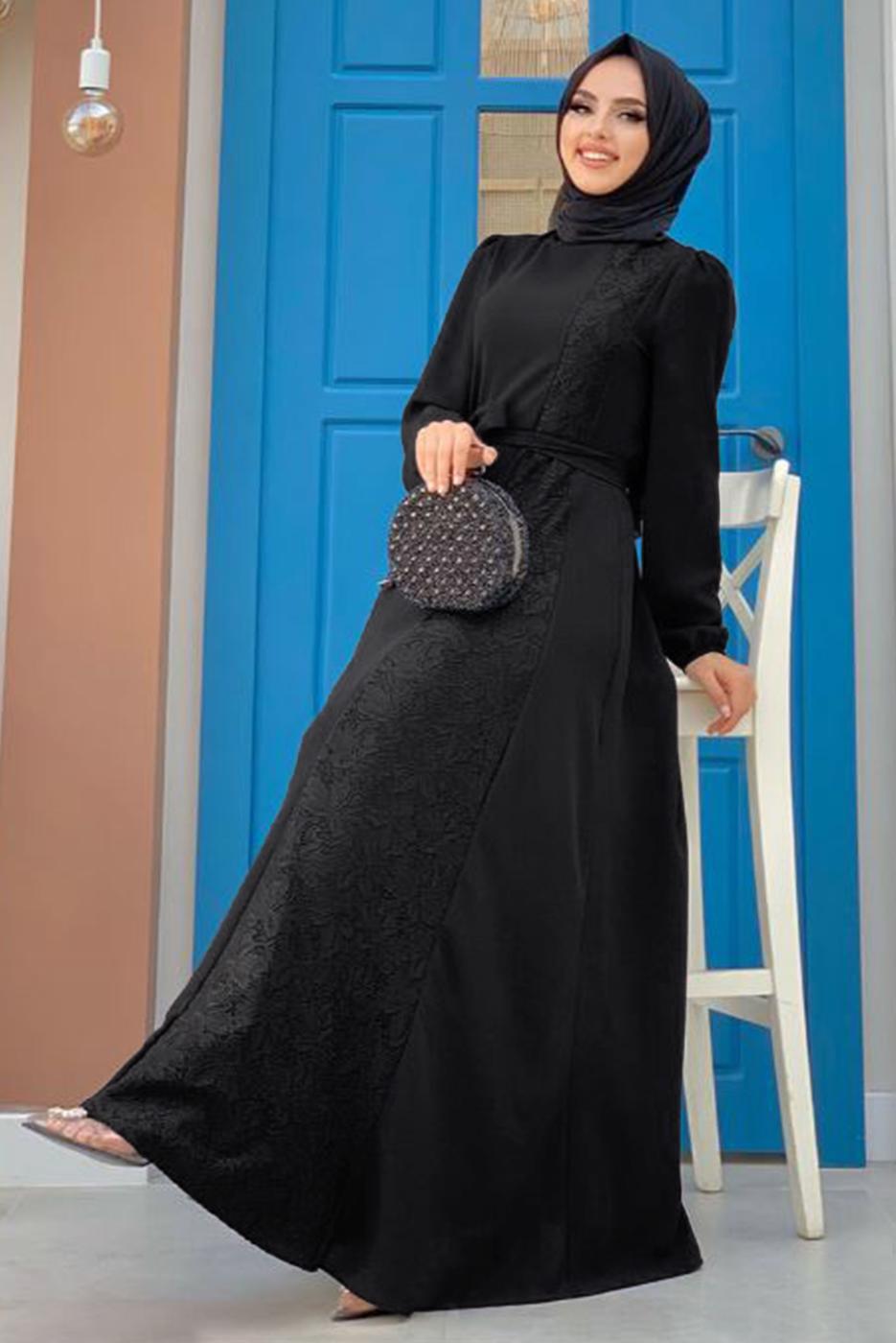 Tesettür giyim SİYAH DANTEL DETAYLI KUŞAKLI ELBİSE T 5673