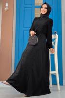 Tesettür giyim SİYAH DANTEL DETAYLI KUŞAKLI ELBİSE T 5673