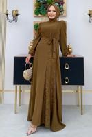 Tesettür giyim TABA DANTEL DETAYLI KUŞAKLI ELBİSE T 5673