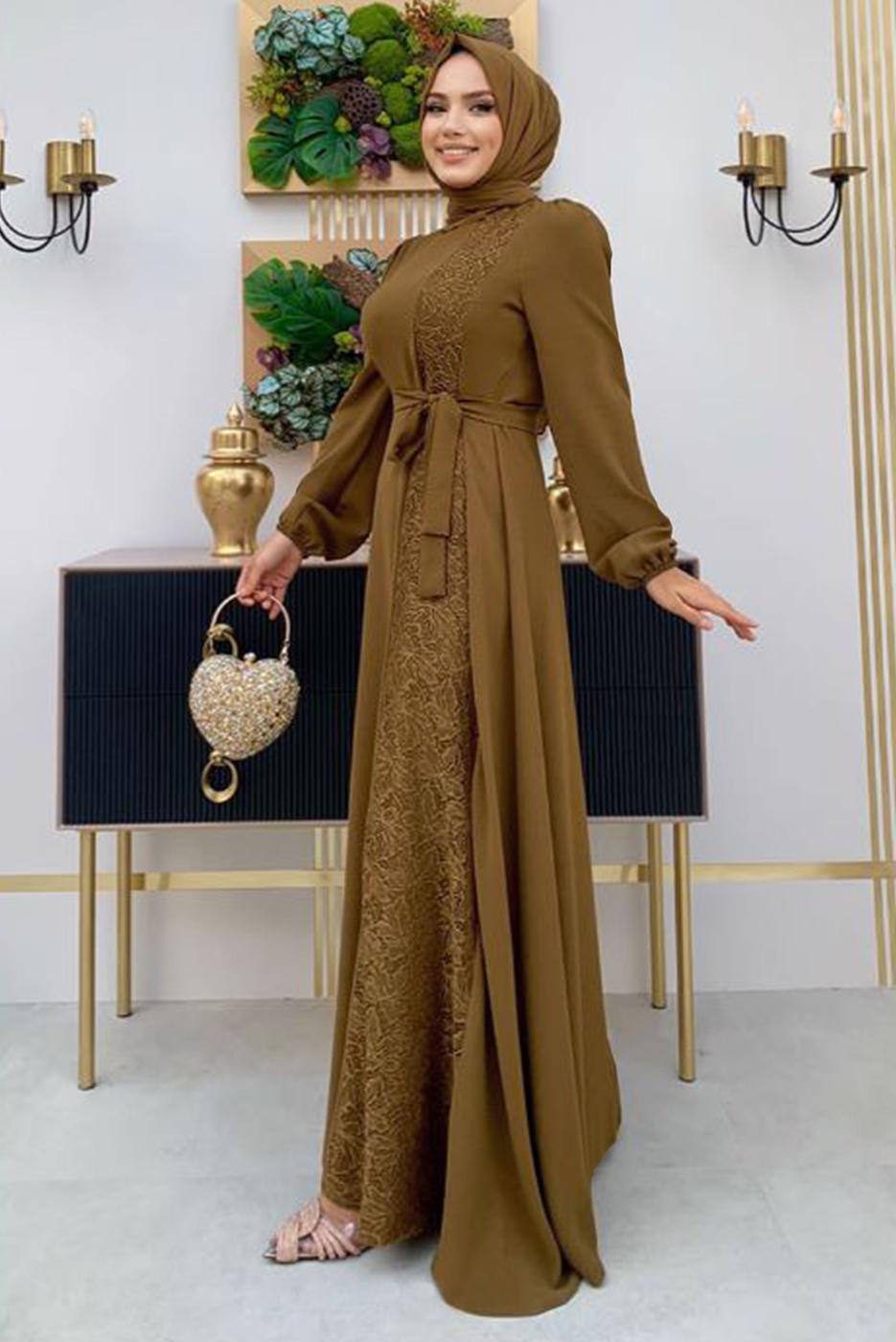 Tesettür giyim TABA DANTEL DETAYLI KUŞAKLI ELBİSE T 5673