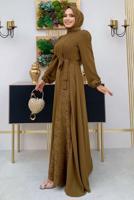 Tesettür giyim TABA DANTEL DETAYLI KUŞAKLI ELBİSE T 5673