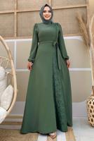 Tesettür giyim YEŞİL DANTEL DETAYLI KUŞAKLI ELBİSE T 5673