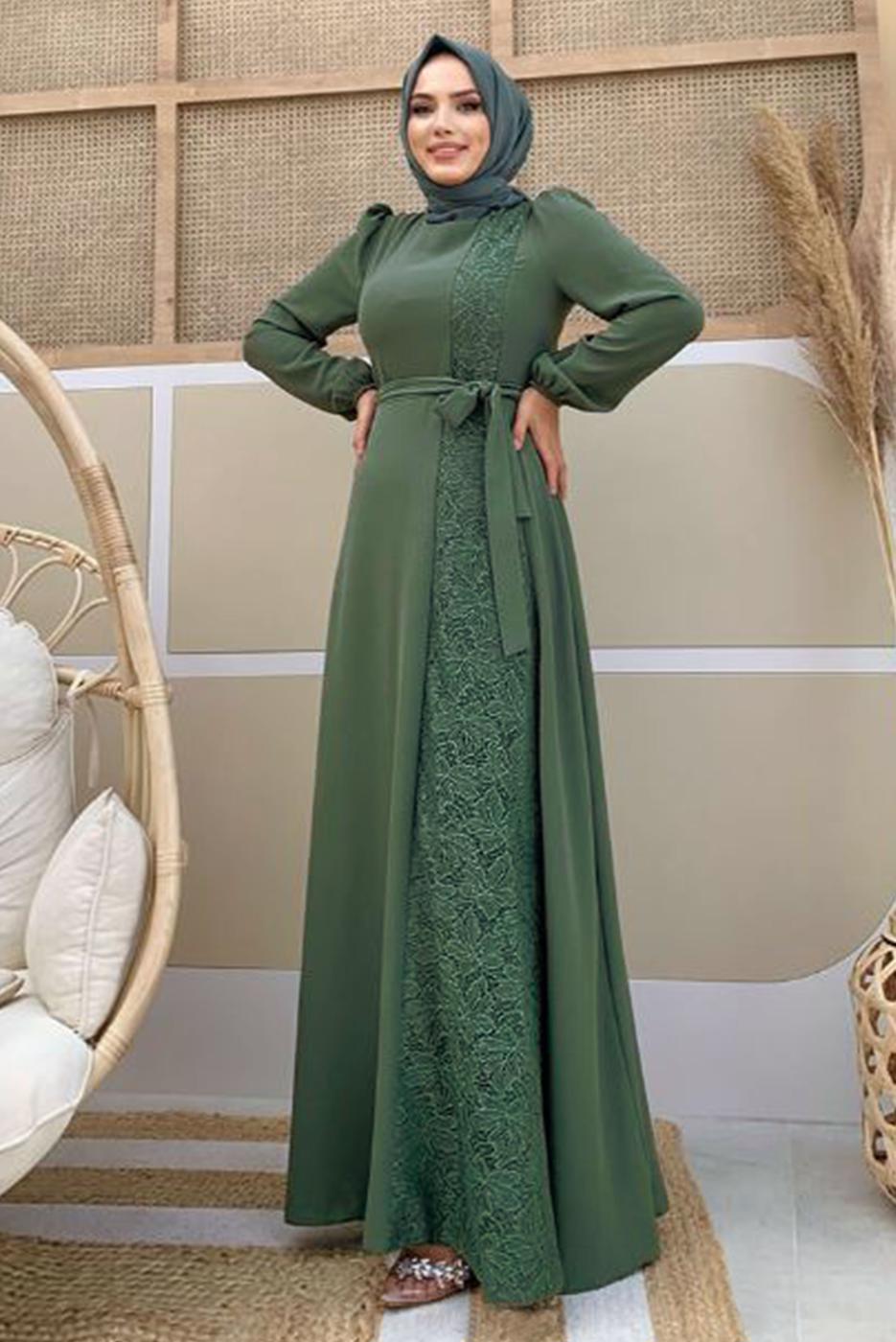 Tesettür giyim YEŞİL DANTEL DETAYLI KUŞAKLI ELBİSE T 5673