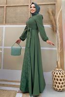 Tesettür giyim YEŞİL DANTEL DETAYLI KUŞAKLI ELBİSE T 5673