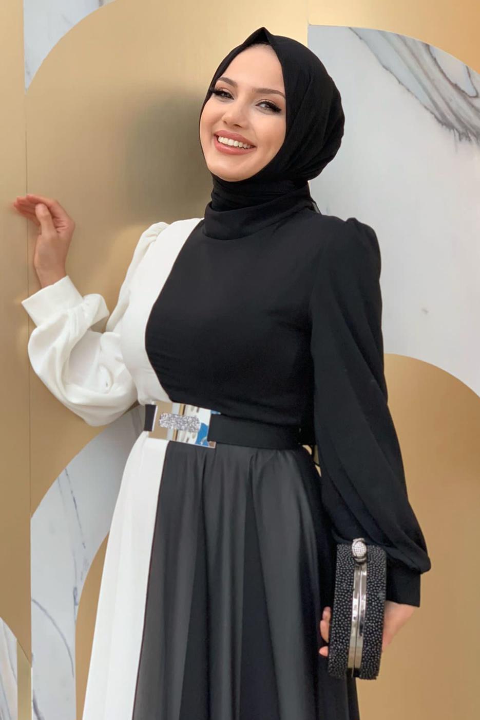 Tesettür giyim SİYAH KEMERLİ İKİ RENKLİ ŞİFON ELBİSE T 6083	