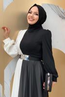 Tesettür giyim SİYAH KEMERLİ İKİ RENKLİ ŞİFON ELBİSE T 6083	