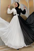 Tesettür giyim SİYAH KEMERLİ İKİ RENKLİ ŞİFON ELBİSE T 6083	