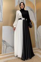 Tesettür giyim SİYAH KEMERLİ İKİ RENKLİ ŞİFON ELBİSE T 6083	