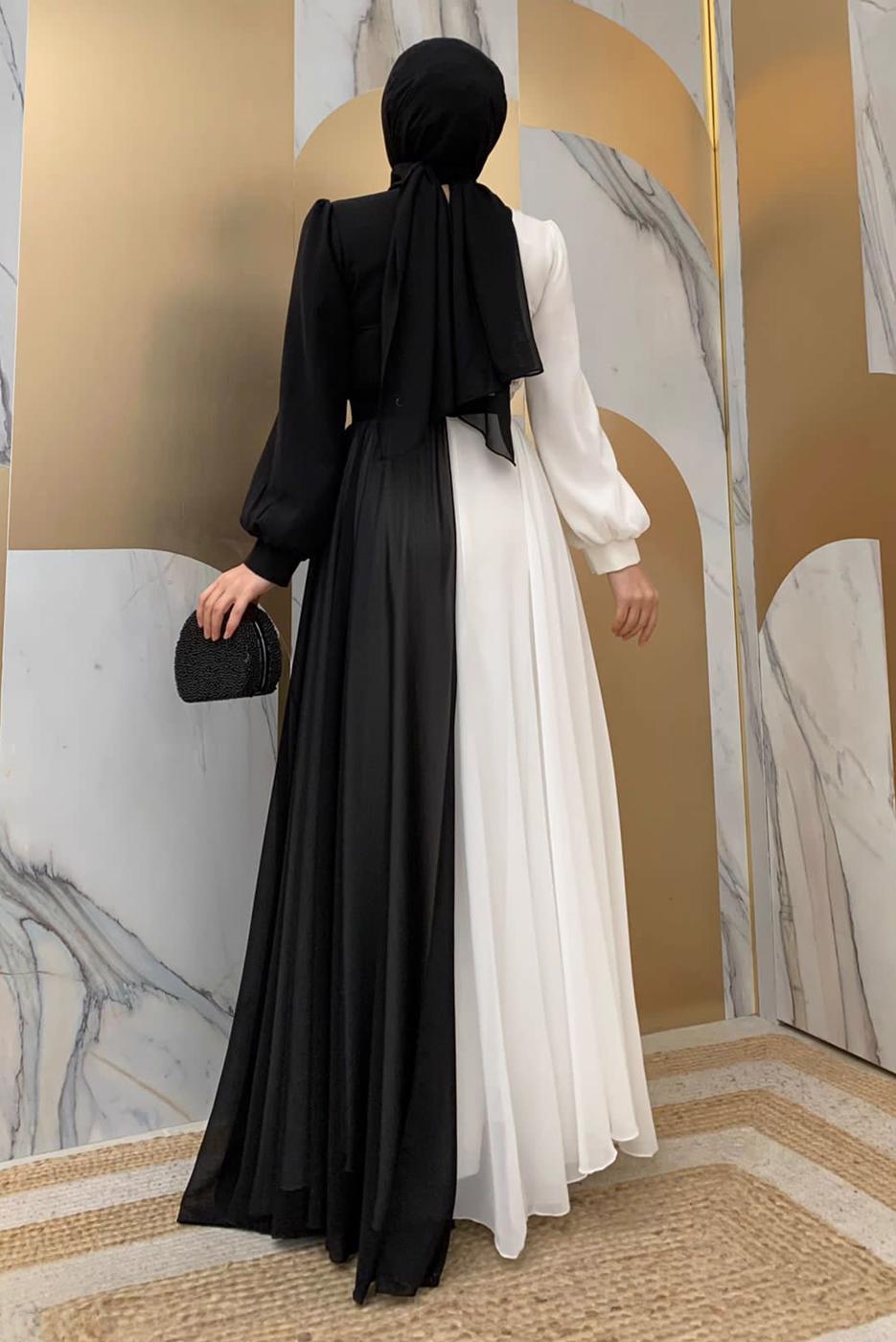 Tesettür giyim SİYAH KEMERLİ İKİ RENKLİ ŞİFON ELBİSE T 6083	