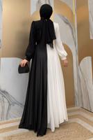 Tesettür giyim SİYAH KEMERLİ İKİ RENKLİ ŞİFON ELBİSE T 6083	