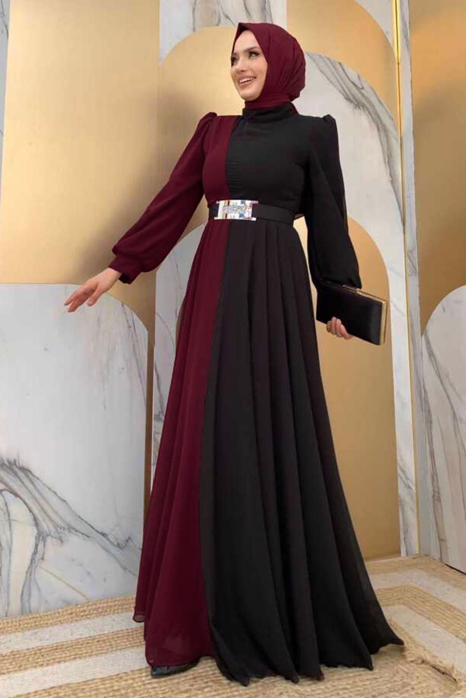Tesettür giyim BORDO KEMERLİ İKİ RENKLİ ŞİFON ELBİSE T 6083	