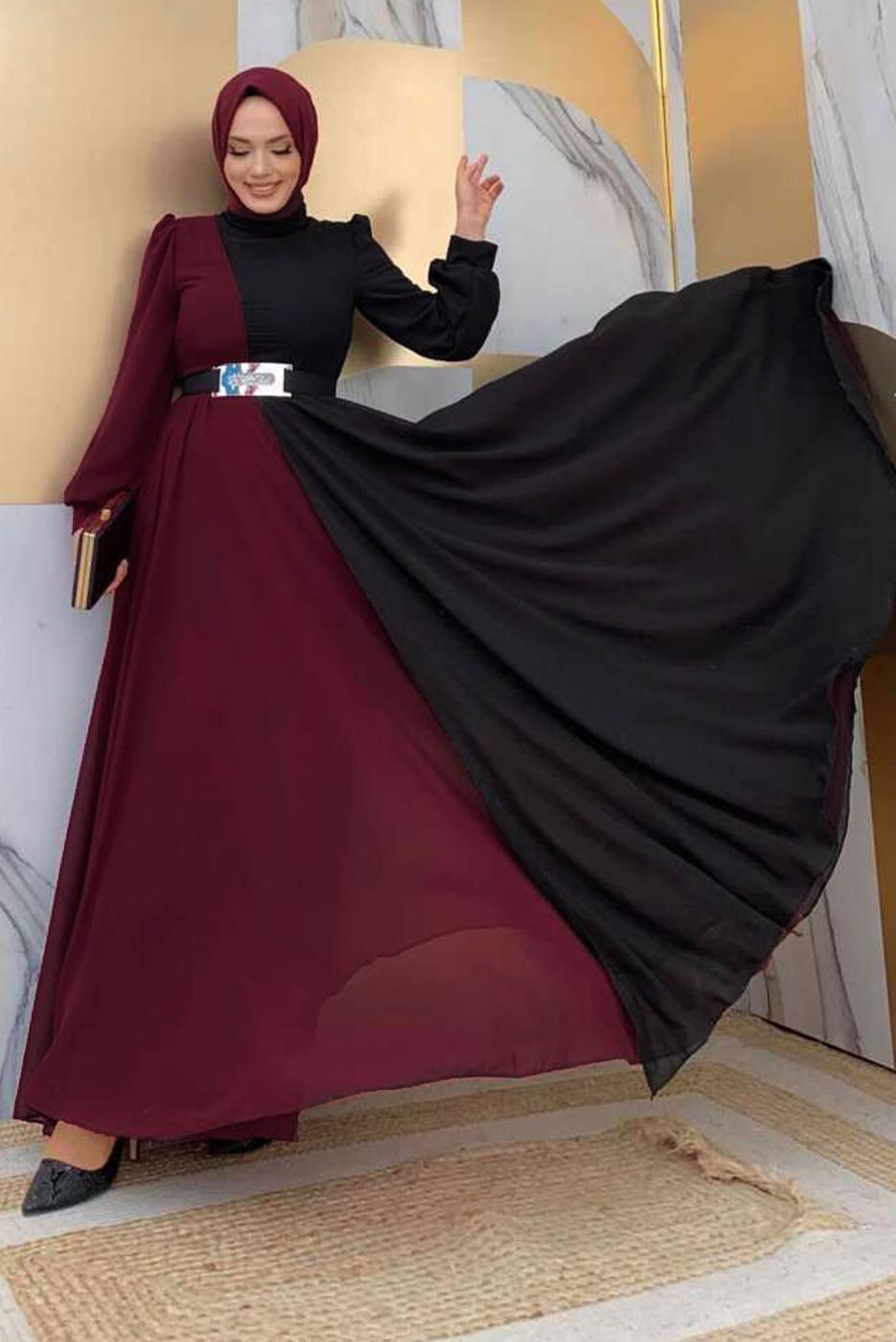 Tesettür giyim BORDO KEMERLİ İKİ RENKLİ ŞİFON ELBİSE T 6083	