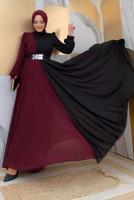 Tesettür giyim BORDO KEMERLİ İKİ RENKLİ ŞİFON ELBİSE T 6083	