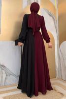 Tesettür giyim BORDO KEMERLİ İKİ RENKLİ ŞİFON ELBİSE T 6083	
