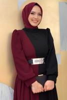 Tesettür giyim BORDO KEMERLİ İKİ RENKLİ ŞİFON ELBİSE T 6083	