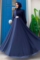 Tesettür giyim LACİVERT KEMERLİ İKİ RENKLİ ŞİFON ELBİSE T 6083	