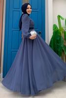 Tesettür giyim LACİVERT KEMERLİ İKİ RENKLİ ŞİFON ELBİSE T 6083	