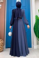 Tesettür giyim LACİVERT KEMERLİ İKİ RENKLİ ŞİFON ELBİSE T 6083	