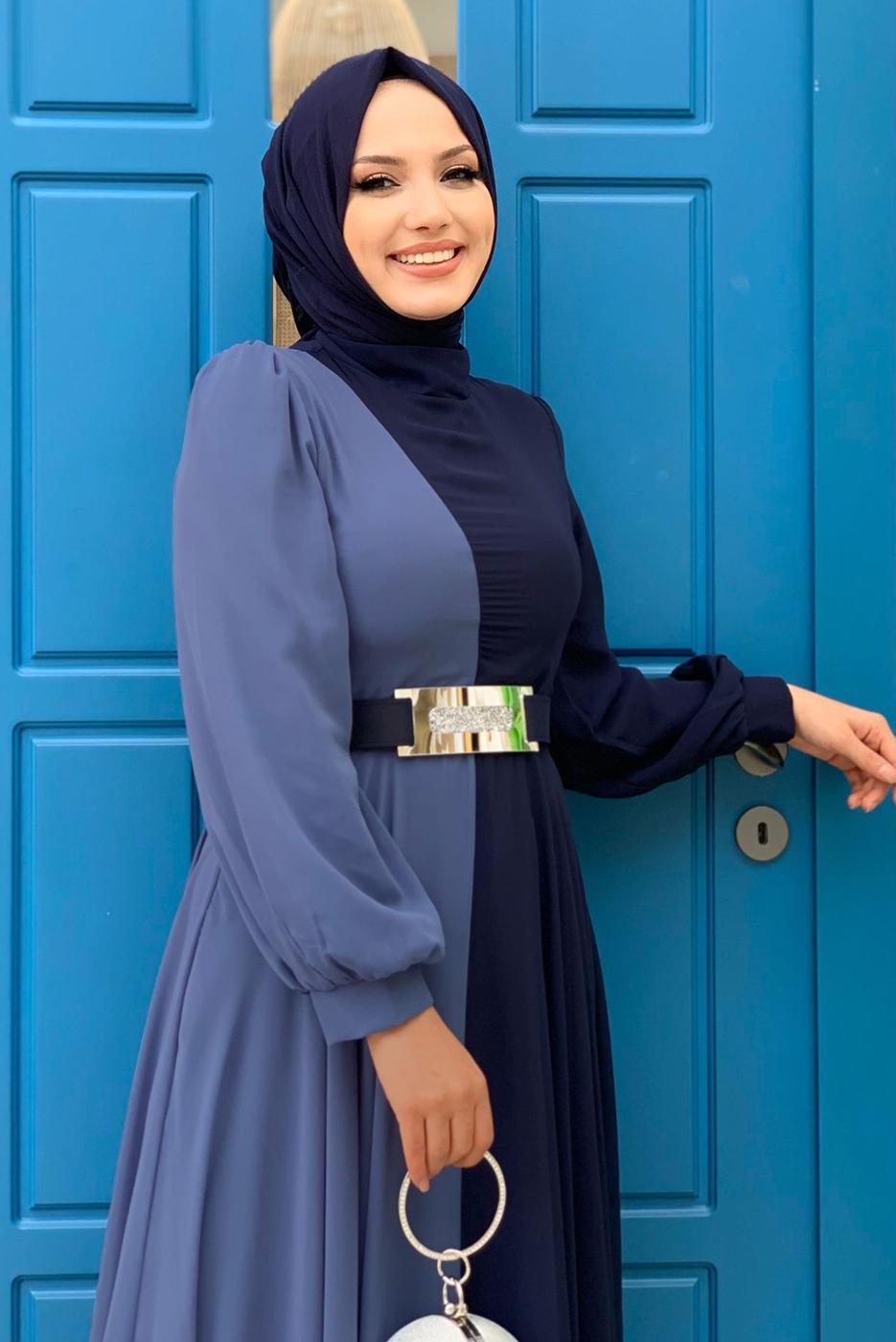 Tesettür giyim LACİVERT KEMERLİ İKİ RENKLİ ŞİFON ELBİSE T 6083	
