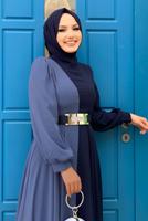 Tesettür giyim LACİVERT KEMERLİ İKİ RENKLİ ŞİFON ELBİSE T 6083	