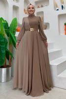 Tesettür giyim VİZON KEMERLİ İKİ RENKLİ ŞİFON ELBİSE T 6083	