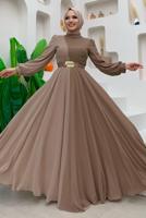 Tesettür giyim VİZON KEMERLİ İKİ RENKLİ ŞİFON ELBİSE T 6083	