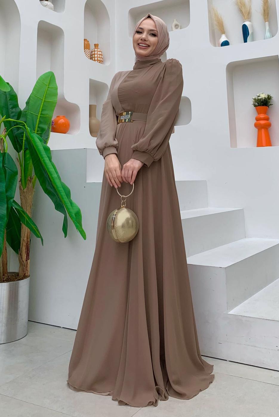 Tesettür giyim VİZON KEMERLİ İKİ RENKLİ ŞİFON ELBİSE T 6083	