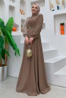 Tesettür giyim VİZON KEMERLİ İKİ RENKLİ ŞİFON ELBİSE T 6083	