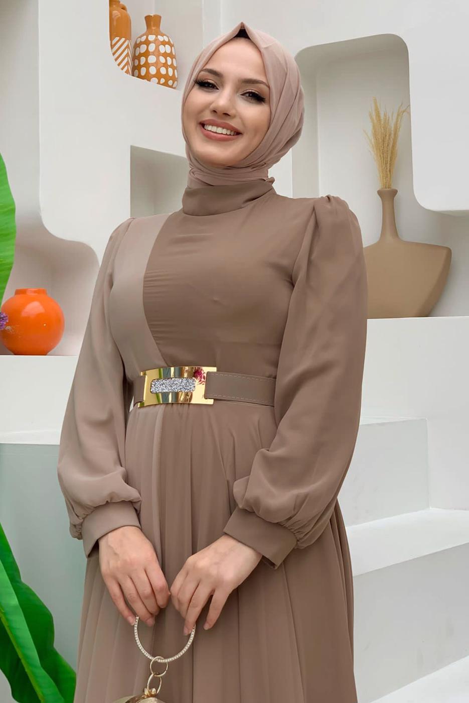 Tesettür giyim VİZON KEMERLİ İKİ RENKLİ ŞİFON ELBİSE T 6083	