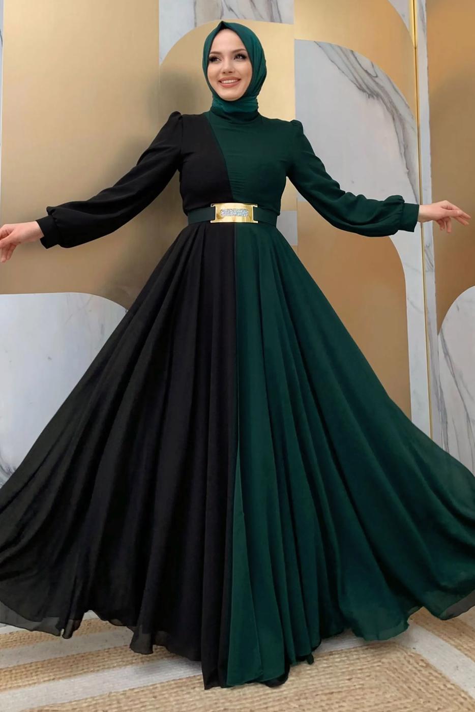 Tesettür giyim YEŞİL KEMERLİ İKİ RENKLİ ŞİFON ELBİSE T 6083	