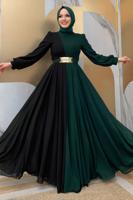 Tesettür giyim YEŞİL KEMERLİ İKİ RENKLİ ŞİFON ELBİSE T 6083	