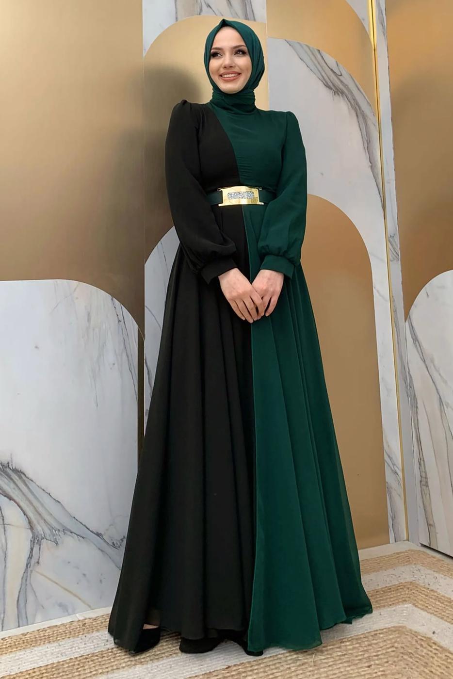 Tesettür giyim YEŞİL KEMERLİ İKİ RENKLİ ŞİFON ELBİSE T 6083	