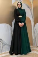 Tesettür giyim YEŞİL KEMERLİ İKİ RENKLİ ŞİFON ELBİSE T 6083	