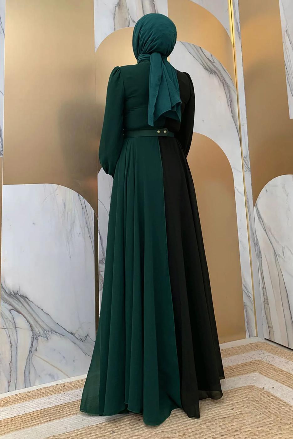 Tesettür giyim YEŞİL KEMERLİ İKİ RENKLİ ŞİFON ELBİSE T 6083	