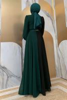 Tesettür giyim YEŞİL KEMERLİ İKİ RENKLİ ŞİFON ELBİSE T 6083	