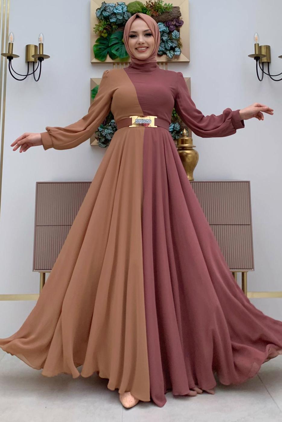 Tesettür giyim PEMBE KEMERLİ İKİ RENKLİ ŞİFON ELBİSE T 6083	