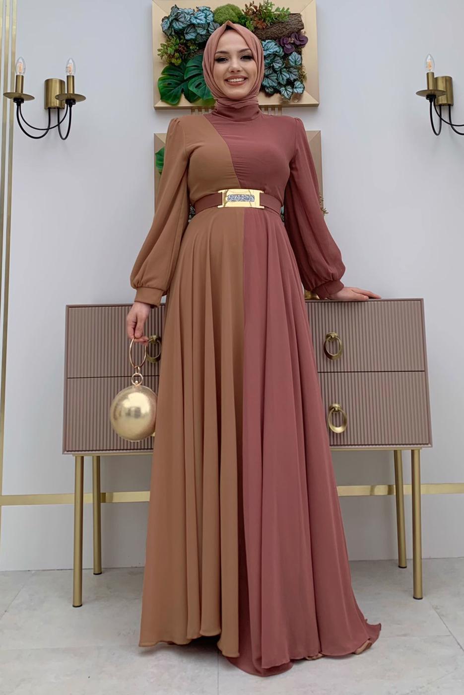 Tesettür giyim PEMBE KEMERLİ İKİ RENKLİ ŞİFON ELBİSE T 6083	