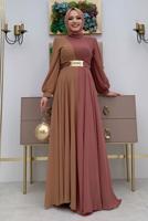 Tesettür giyim PEMBE KEMERLİ İKİ RENKLİ ŞİFON ELBİSE T 6083	