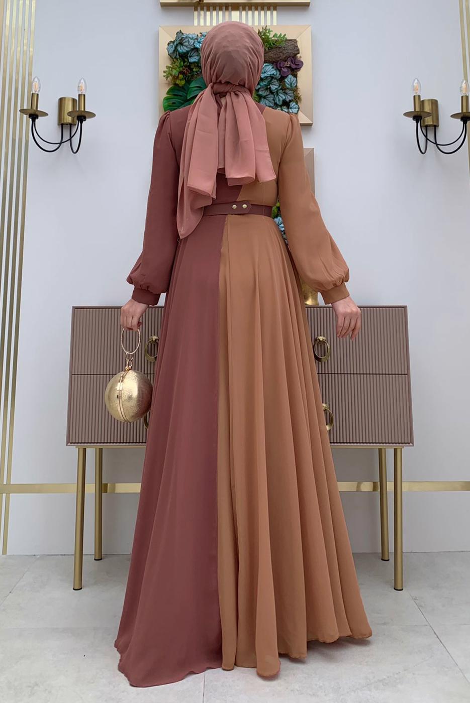 Tesettür giyim PEMBE KEMERLİ İKİ RENKLİ ŞİFON ELBİSE T 6083	