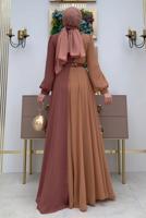 Tesettür giyim PEMBE KEMERLİ İKİ RENKLİ ŞİFON ELBİSE T 6083	