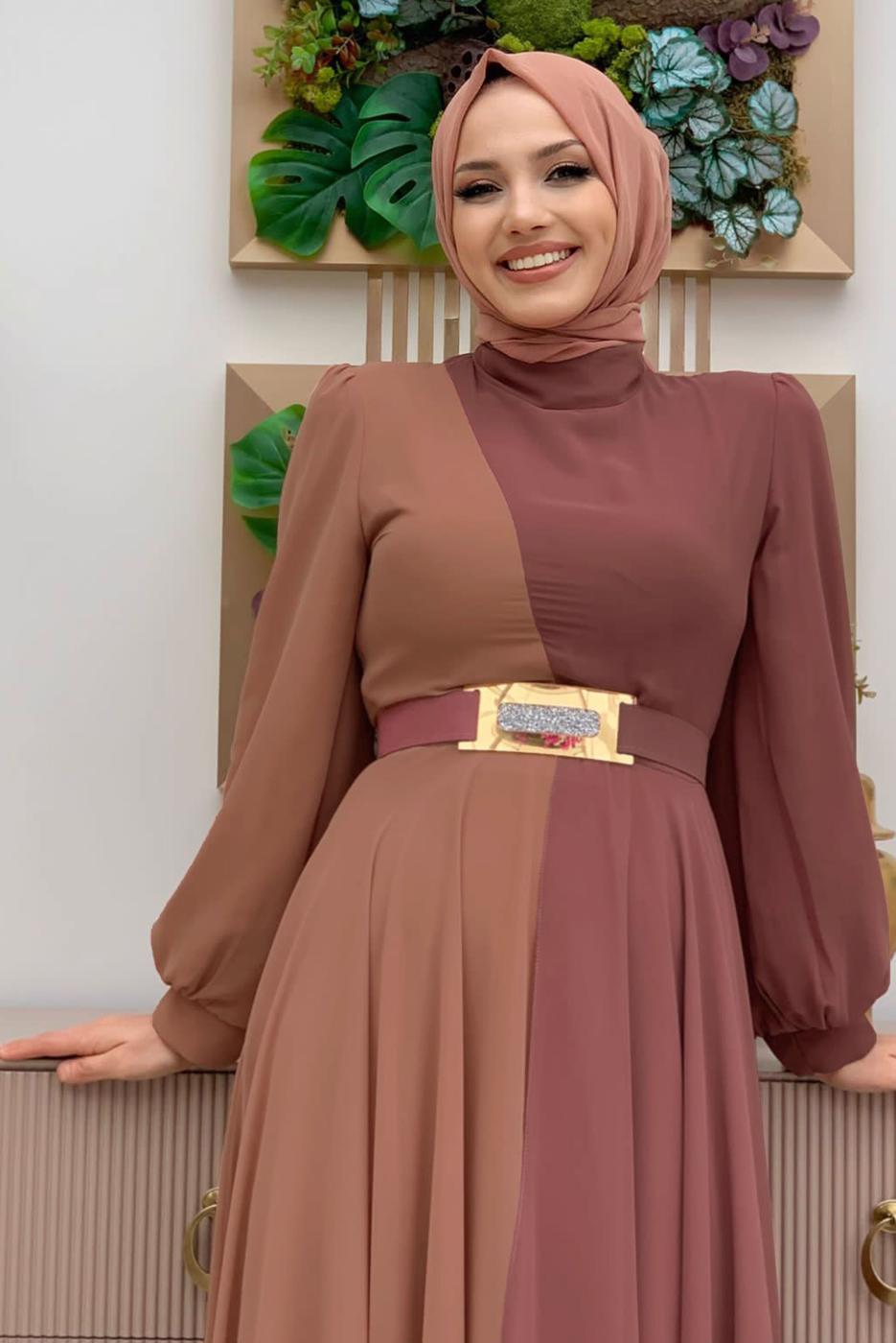 Tesettür giyim PEMBE KEMERLİ İKİ RENKLİ ŞİFON ELBİSE T 6083	