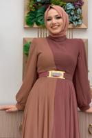 Tesettür giyim PEMBE KEMERLİ İKİ RENKLİ ŞİFON ELBİSE T 6083	