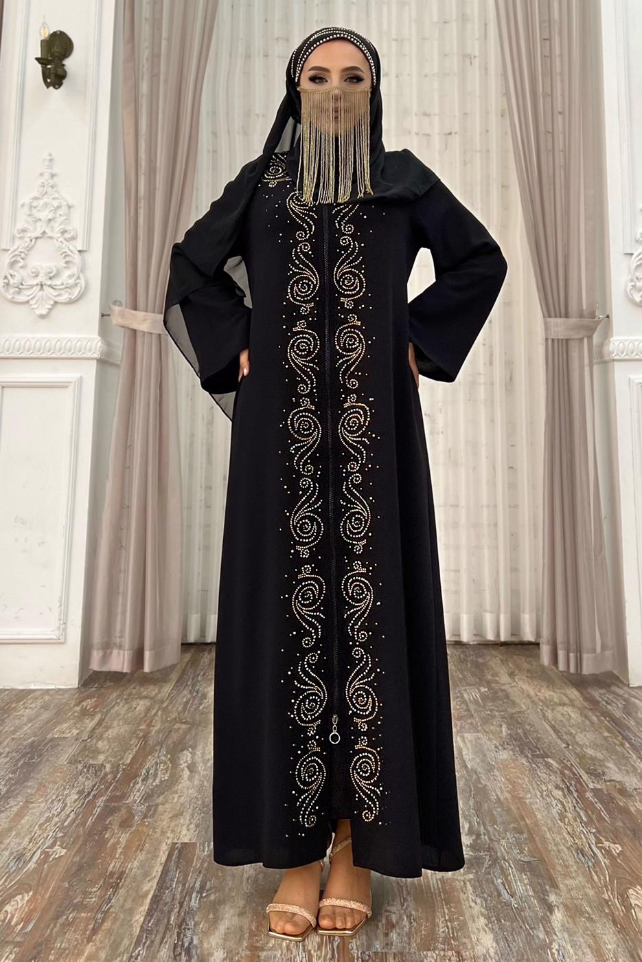 Tesettür giyim SİYAH ÖNÜ TAŞ İŞLEMELİ FERMUARLI FERACE T 6087