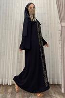 Tesettür giyim SİYAH ÖNÜ TAŞ İŞLEMELİ FERMUARLI FERACE T 6087